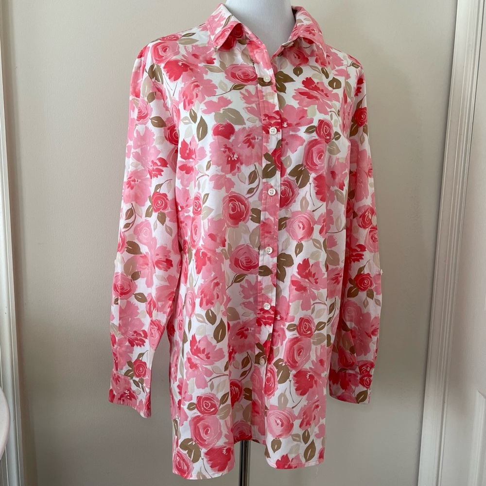 Villager by Liz Claiborne 100% Cotton Floral Roll Sleeve Blouse/Tunic. XL